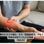 前腕の痛みを抱える人が肘を押さえている様子（屋内、実写風）