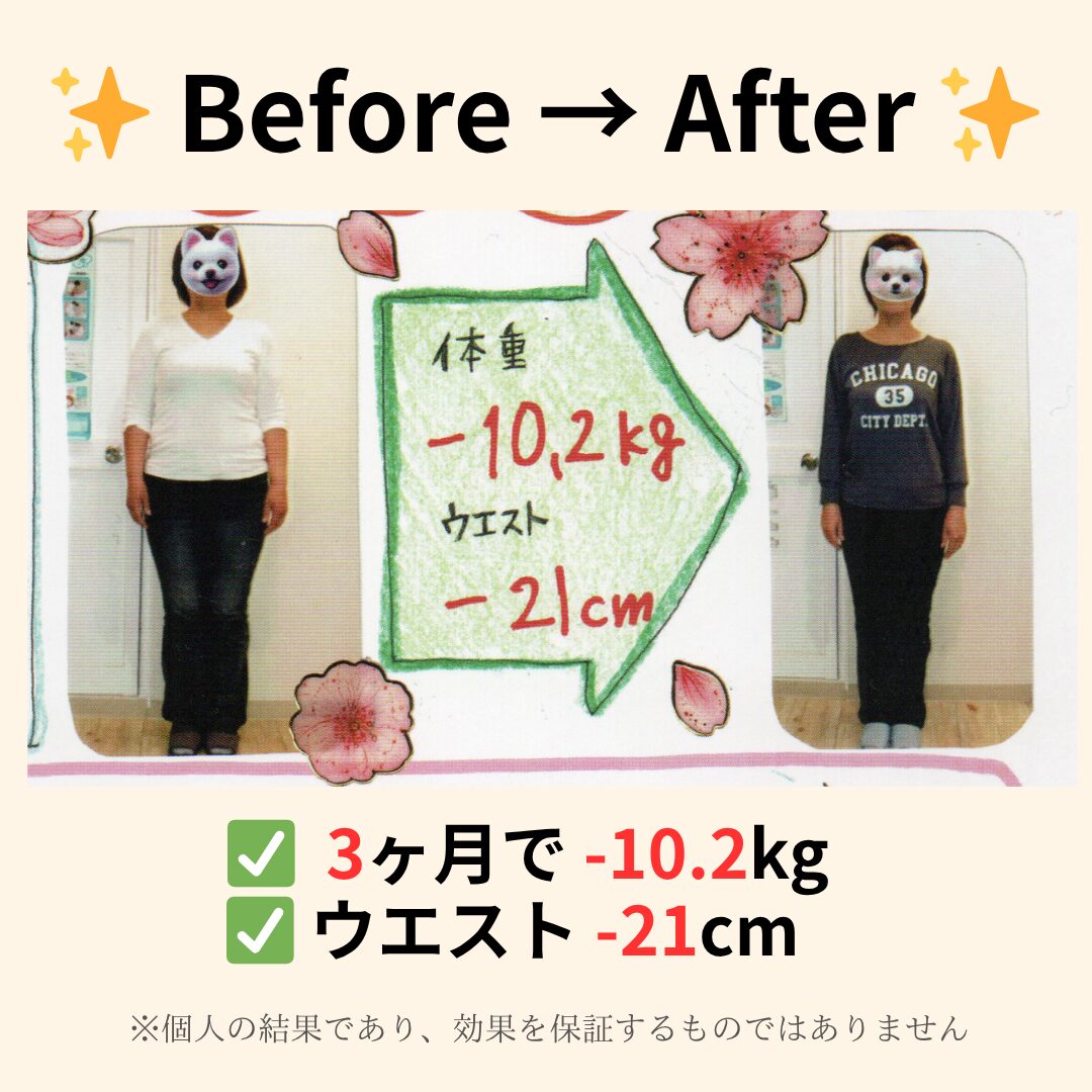 耳つぼダイエットのビフォーアフター実績：3ヶ月で体重-10.2kg、ウエスト-21cm