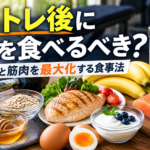 筋トレ後におすすめの食事例（鶏むね肉・卵・バナナ・ヨーグルト・鮭とダンベル）